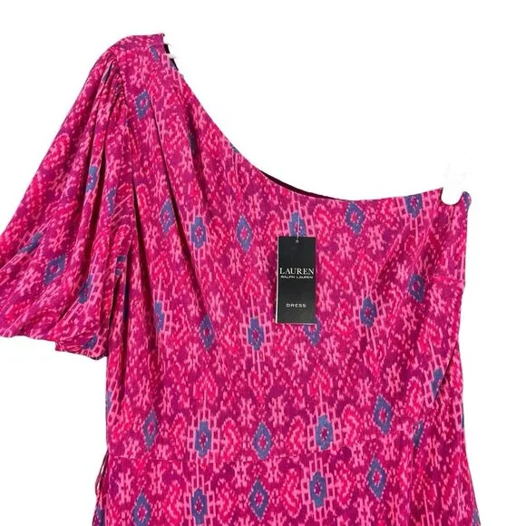 LAUREN Ralph Lauren Women Ruffle Dress Sz 10 Fuchsia Multi Geo High Low Hem NWT - Picture 3 of 14